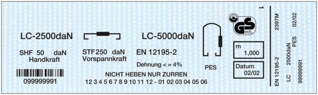 Etikett eines Zurrgurts Etikett eines Zurrgurts